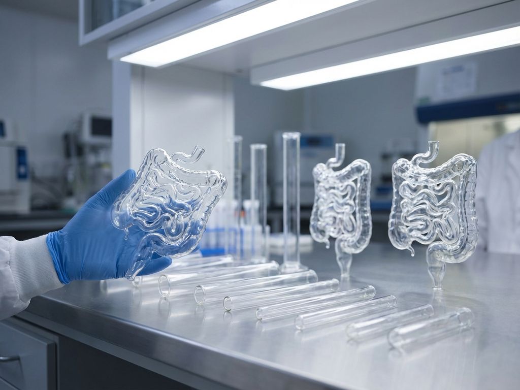 Researcher's gloved hand holds detailed intestinal model among transparent gut specimens arranged on laboratory workbench
