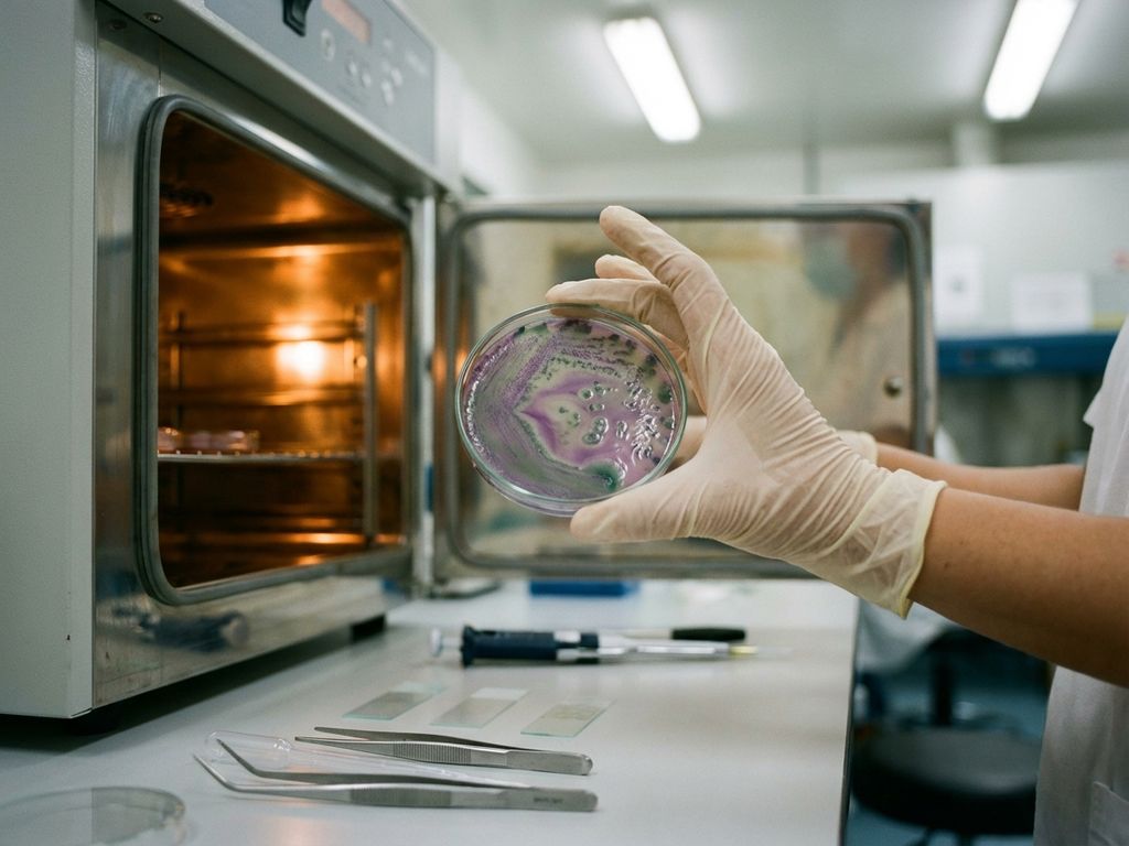 Petri dish with purple and green bacterial cultures in laboratory incubator, researcher's gloved hands handling specimen