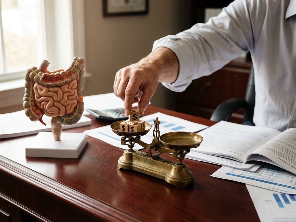 Businessman placing dollar sign blocks on balance scale next to intestine model and financial documents on office desk