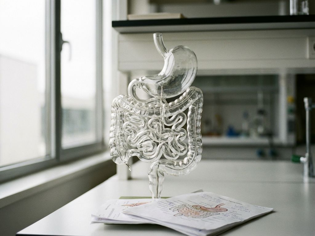 Transparent glass anatomical model of human digestive system on white laboratory table with medical papers underneath.