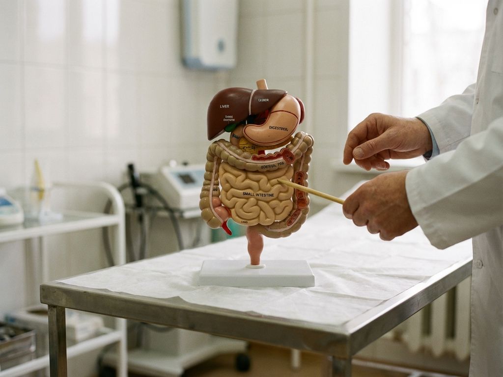 Doctor pointing to small intestine on anatomical digestive system model during medical examination in clinical setting