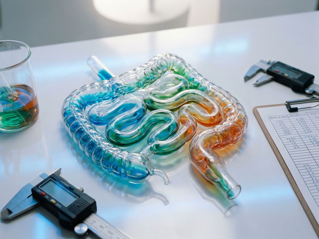 Transparent glass intestine model with colorful liquid medication on laboratory bench with measuring instruments and charts