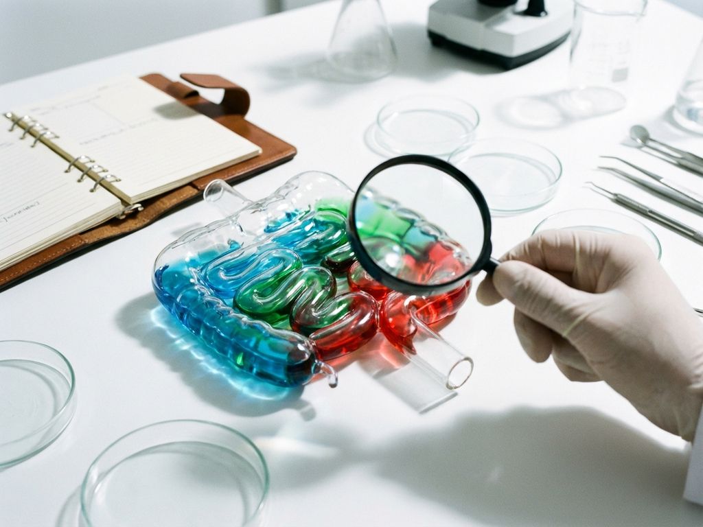 Glass intestinal model filled with colorful liquid on laboratory bench with researcher examining it through magnifying glass