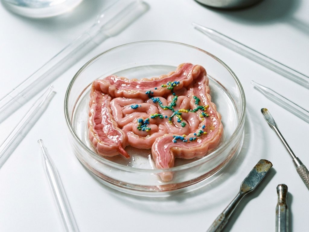 Glass petri dish with miniature intestinal tissue model and colorful bacterial colonies on laboratory bench with pipettes