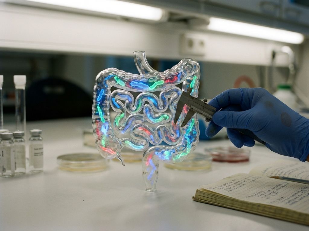 Glass intestine model with glowing bacterial cultures on laboratory bench, scientist's gloved hand adjusting instrument nearby.