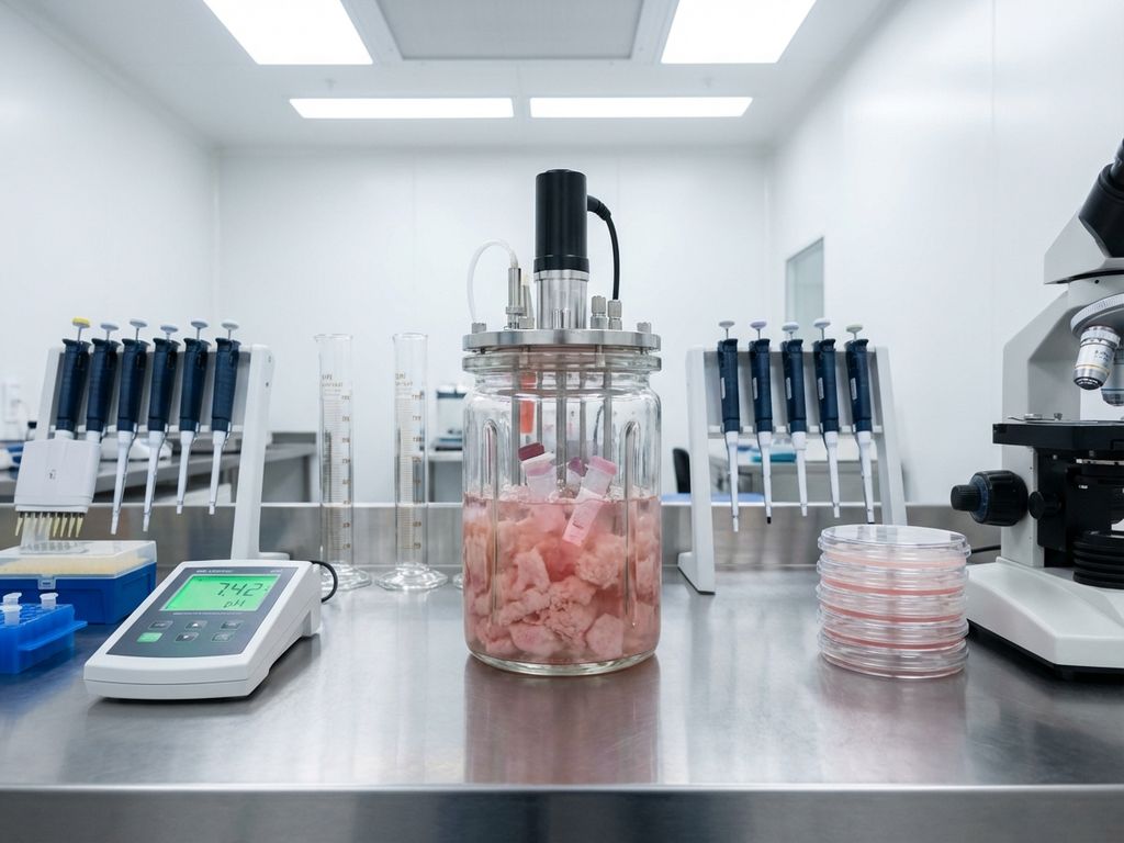 Laboratory workbench with pink tissue cultures in transparent bioreactor, pipettes, pH meter, and microscope for gut research