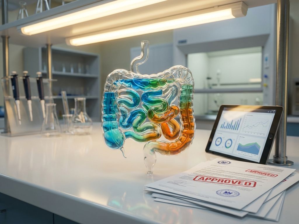 Transparent glass model of human intestines with colorful liquid on laboratory workbench with regulatory documents and tablet