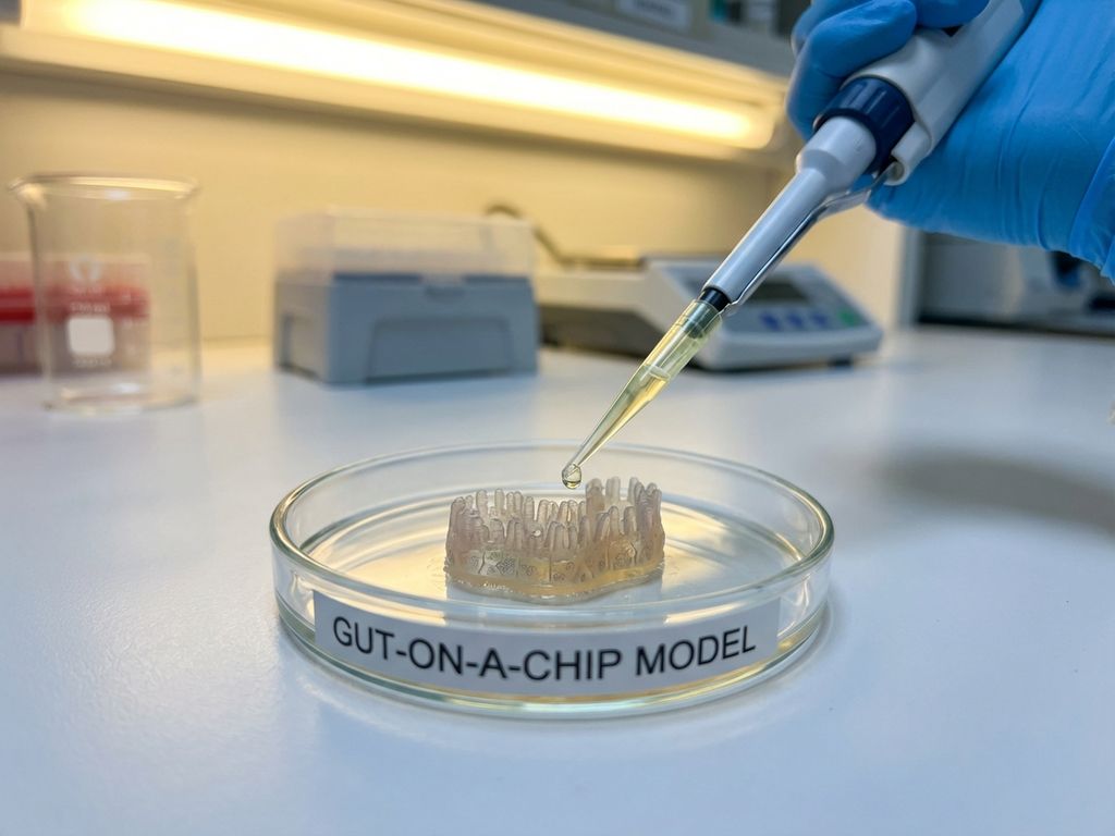 Scientist pipetting food sample onto miniature intestinal tissue model in laboratory petri dish for food safety research.