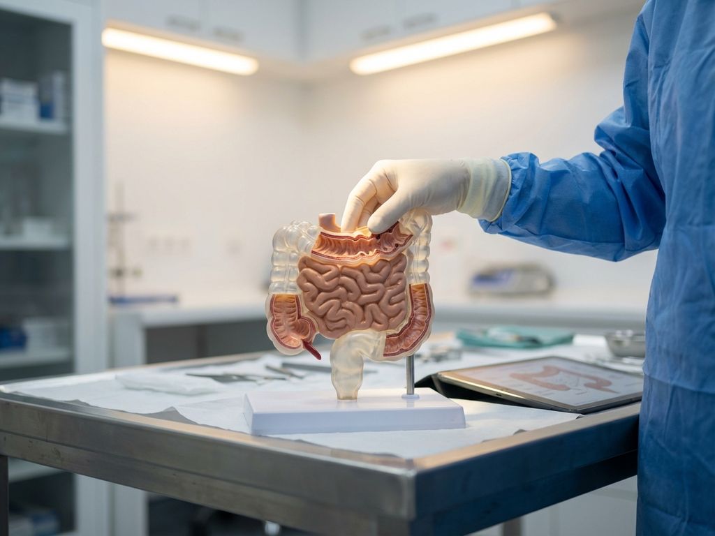 Anatomical model of human intestines on laboratory table with scientist's hands positioning digestive tract cross-section