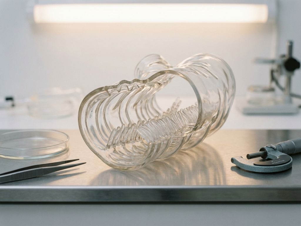 Transparent cross-section of human intestines showing villi and tissue structures on laboratory table with medical instruments