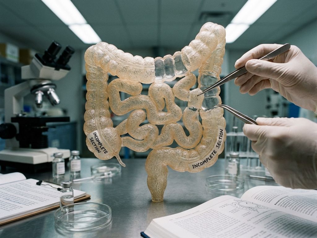 Researcher examining incomplete cross-section model of human intestines with tweezers on laboratory table surrounded by scientific instruments