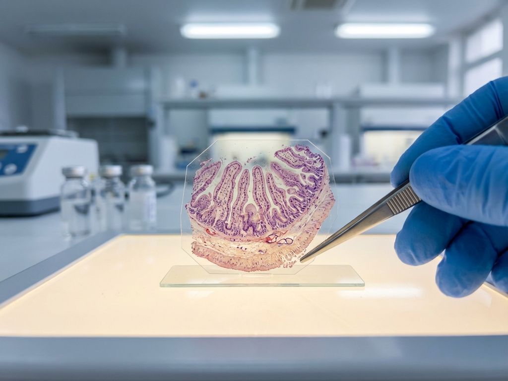 Cross-section of human intestinal tissue on laboratory light table with scientist's gloved hand holding tweezers nearby