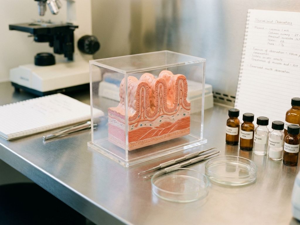 Cross-section model of human intestinal tissue in transparent case on laboratory bench with scientific instruments