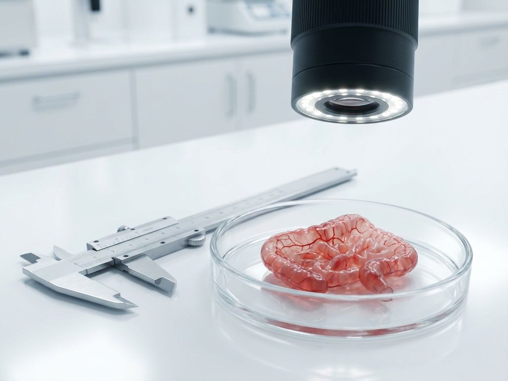 Miniature intestinal tissue model in laboratory petri dish with measuring calipers and digital microscope on sterile bench