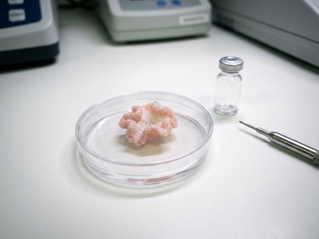 Miniature intestinal tissue model in laboratory petri dish on sterile white bench with glass vial and precision pipette