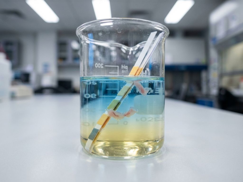 Laboratory beaker with yellow-to-blue gradient liquid, pH strips, and tissue samples on white countertop