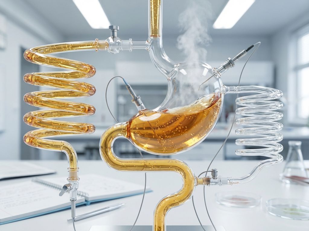 Laboratory glass apparatus shaped like human digestive system with amber liquid and bubbles in stomach chamber on white bench