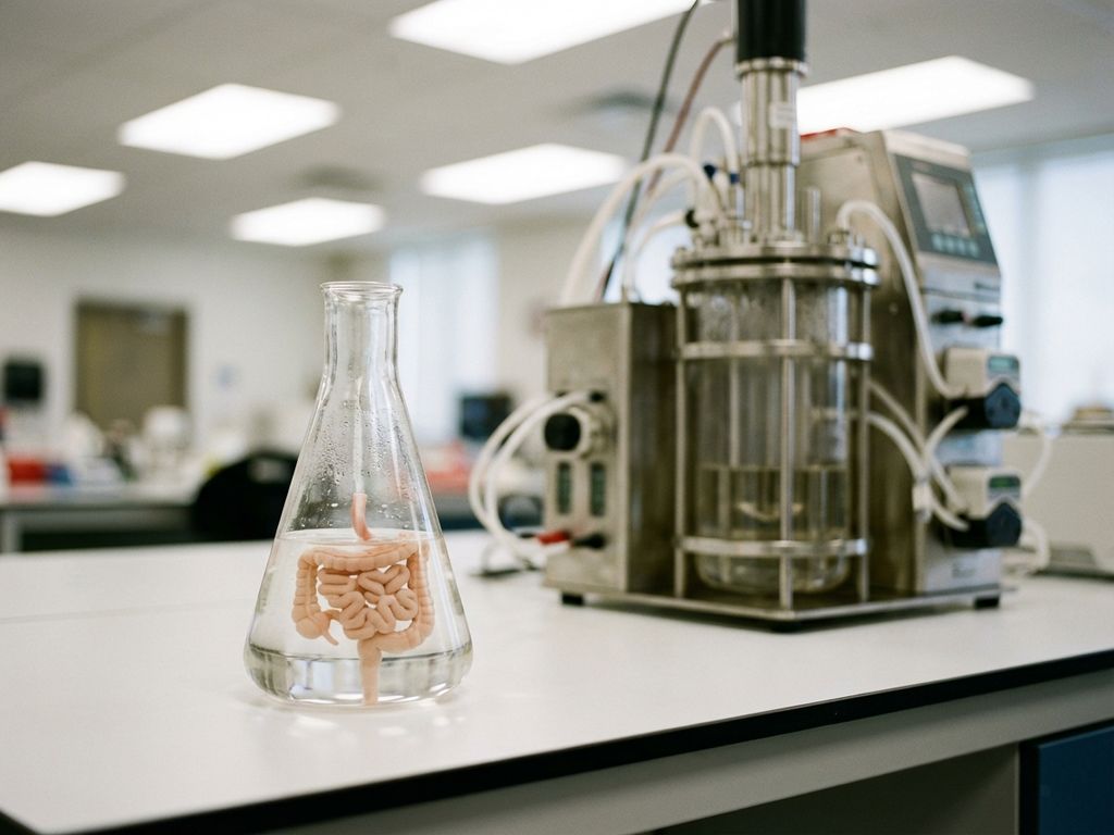 Glass laboratory flask containing miniature intestinal tract model next to bioreactor equipment on white lab bench