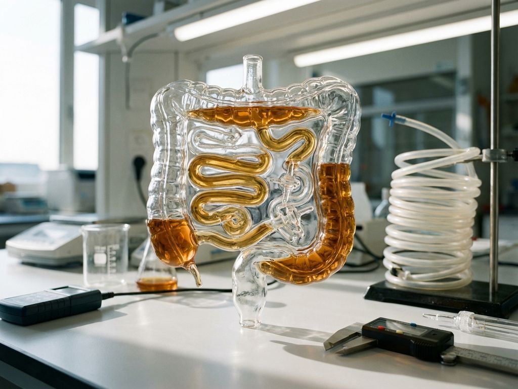 Glass laboratory model of human intestines with flowing liquid on white research table with scientific instruments nearby.