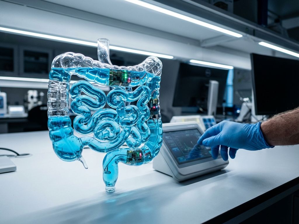 Transparent glass intestinal model with blue liquid and micro-sensors on laboratory table, scientist adjusting control panel