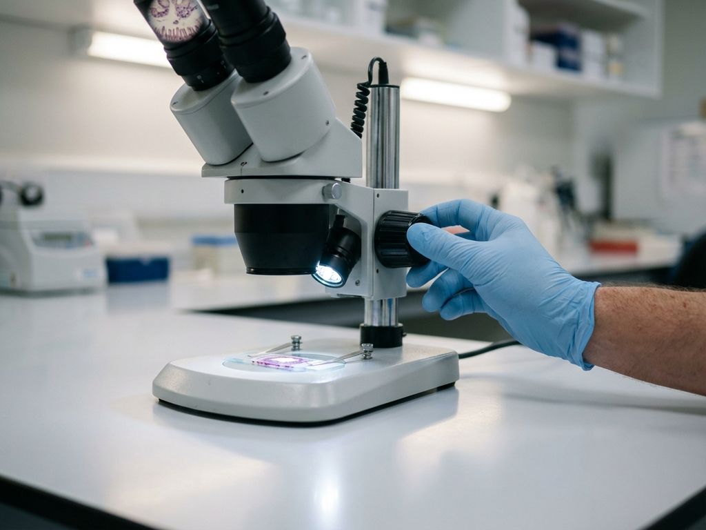 Laboratory microscope examining human intestinal tissue cross-section with researcher adjusting focus in sterile lab setting