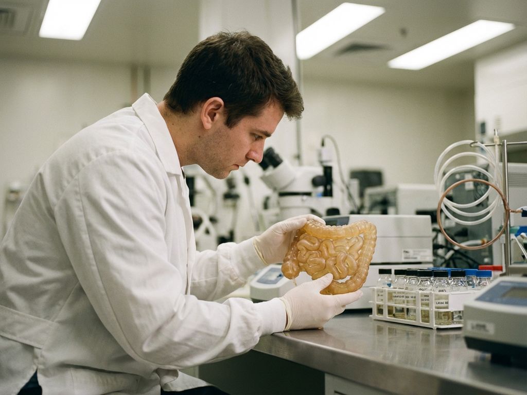 Scientist in lab coat examining 3D-printed intestinal model on laboratory bench with medical equipment and pharmaceutical bottles
