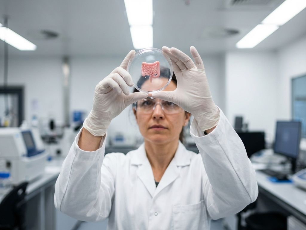 Scientist in white lab coat examining 3D intestinal tissue model in petri dish under laboratory lighting