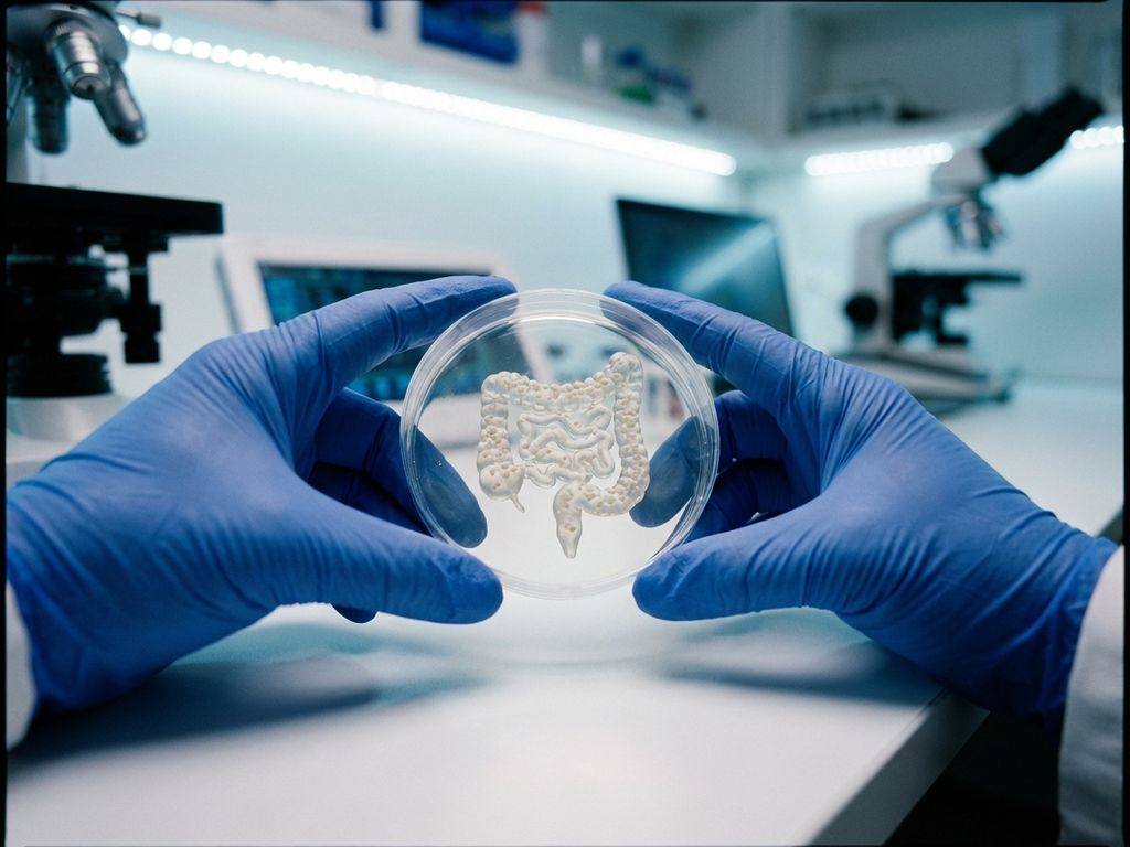 Scientist in gloves holding petri dish with miniature human intestine model showing bacterial colonies in laboratory