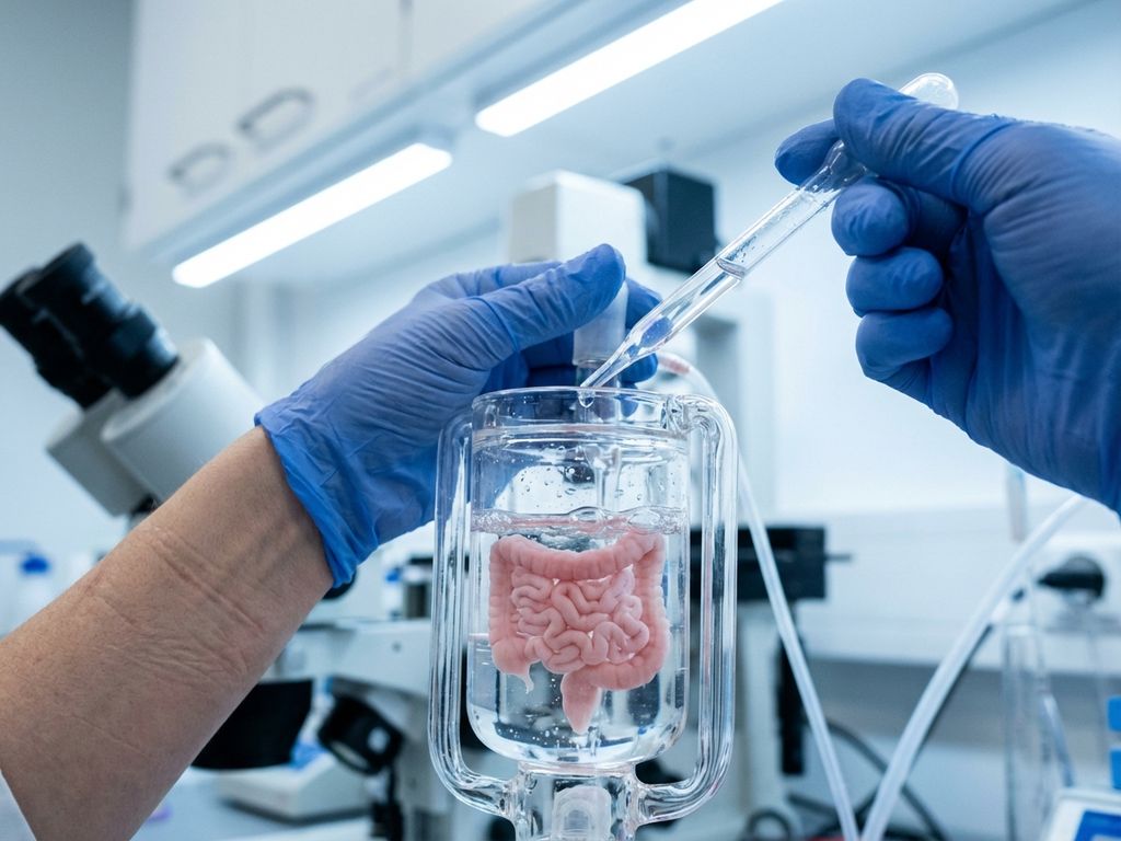 Scientist pipetting liquid into glass bioreactor containing pink tissue model in laboratory with microscopes