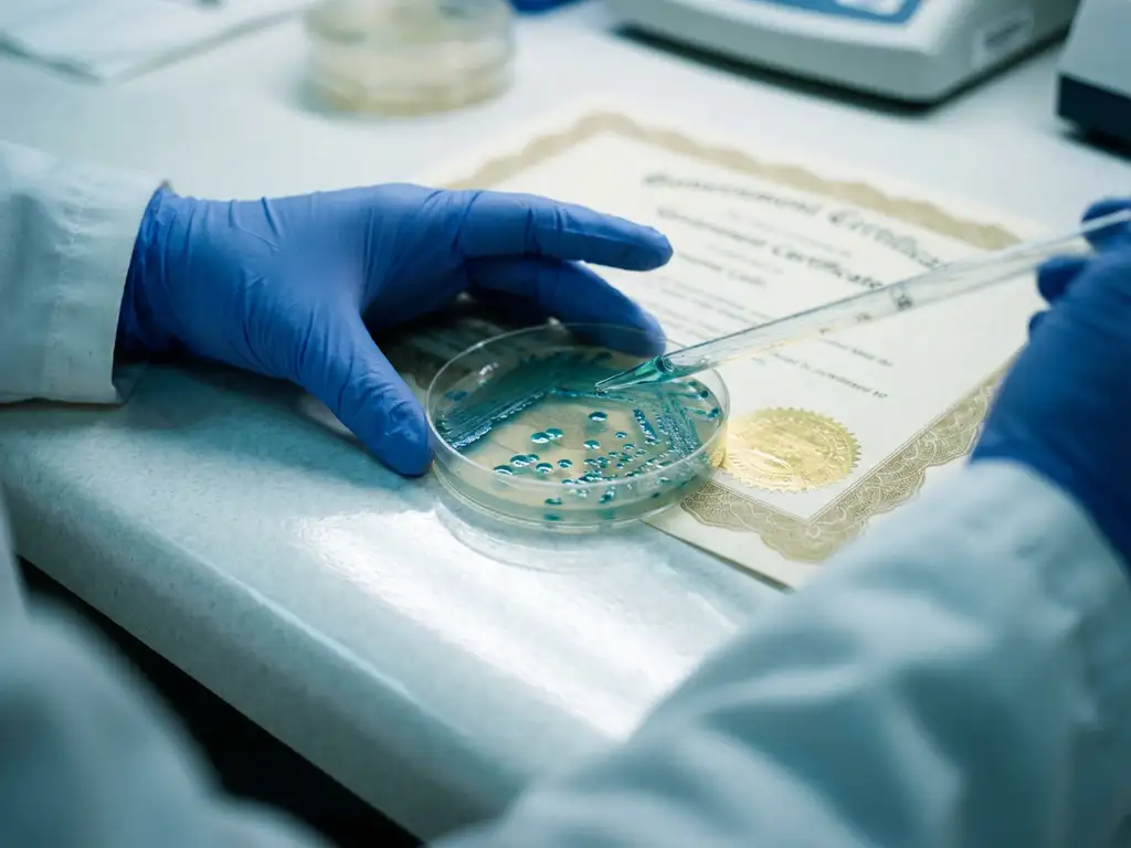 Scientist in latex gloves using pipette over petri dish with teal bacterial colonies on laboratory countertop