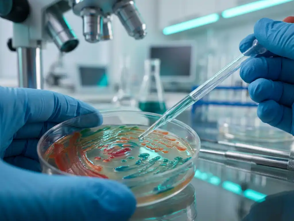 Scientist using pipette over petri dish with colorful bacterial colonies in laboratory with microscope and research equipment