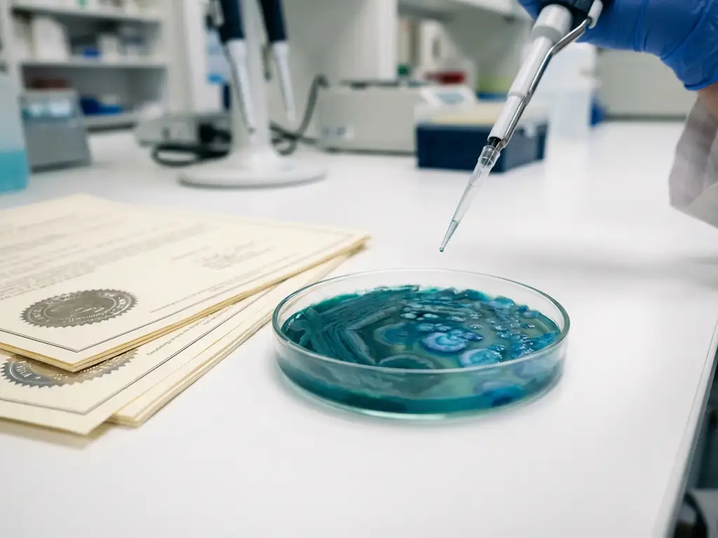 Scientist with pipette examining colorful teal and blue bacterial colonies in petri dish on laboratory bench with regulatory documents