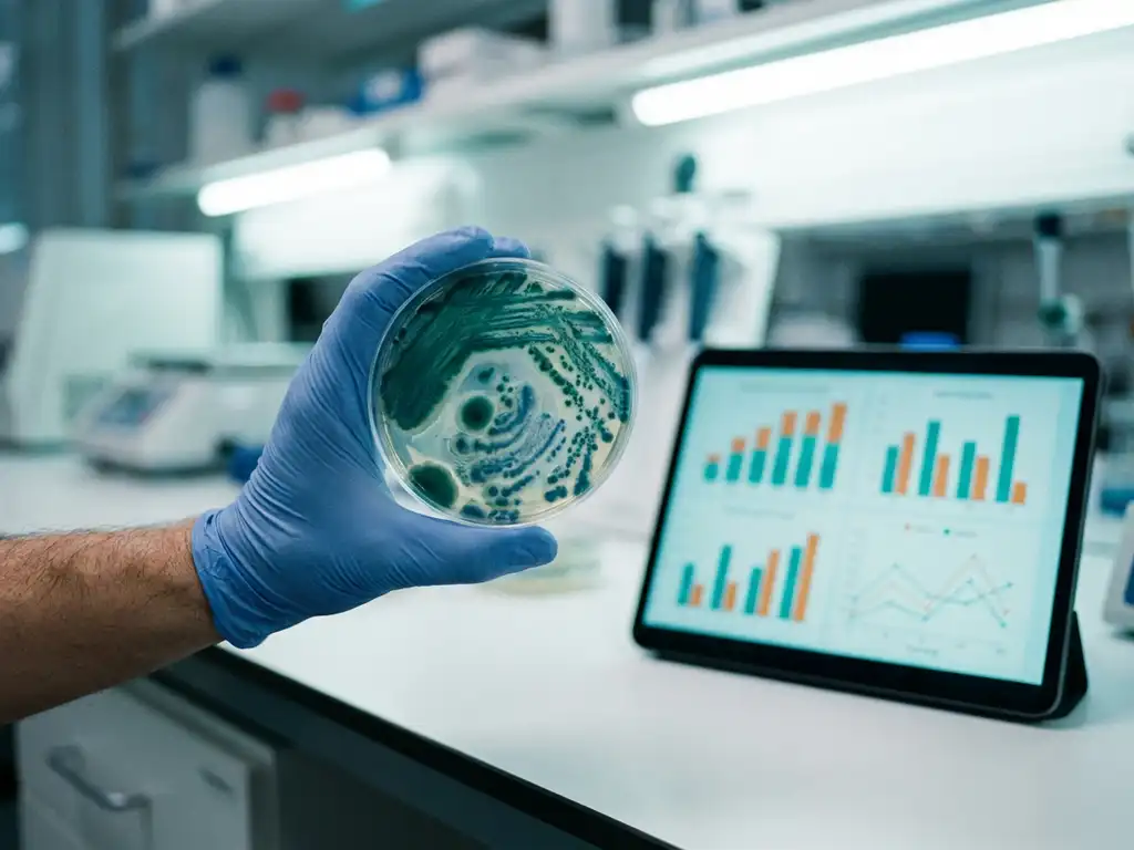 Laboratory petri dish with teal-green bacterial colonies on white bench beside tablet displaying data charts