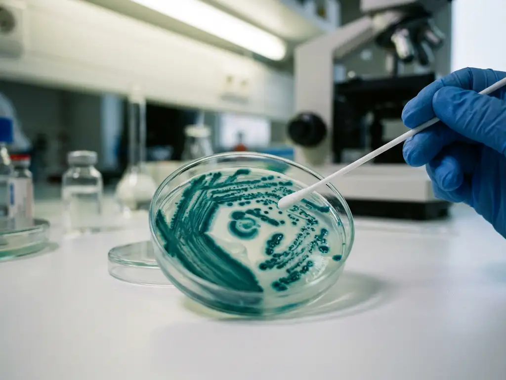 Scientist's gloved hand holding swab above petri dish with teal bacterial colonies on laboratory bench
