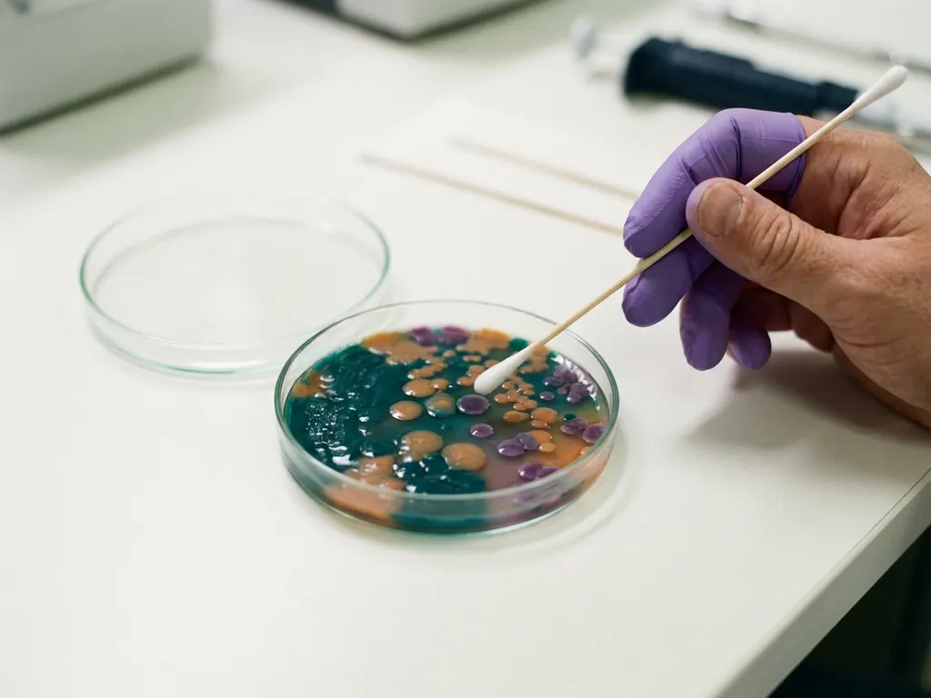 Scientist's gloved hand holding cotton swab over petri dish with colorful teal bacterial colonies on laboratory bench