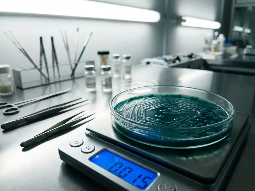 Teal bacterial colonies growing in laboratory petri dish on digital scale with sterile equipment in clinical research lab
