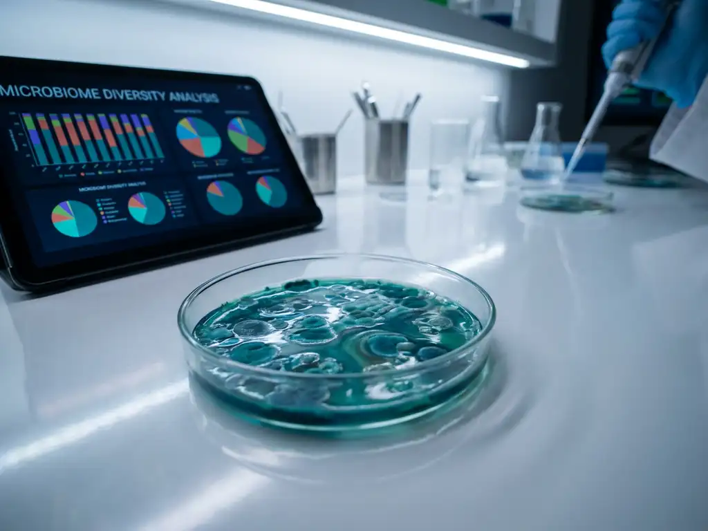 Petri dish with teal bacterial colonies next to digital tablet showing microbiome data on white laboratory bench