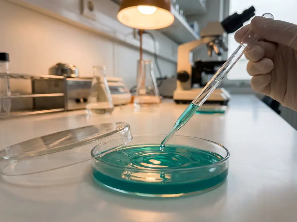 Laboratory petri dish with teal bacterial culture and glass pipette dropping sample on sterile white lab bench