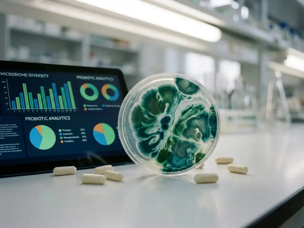 Petri dish with teal bacterial cultures on lab bench beside tablet showing microbiome analysis charts and supplement capsules.