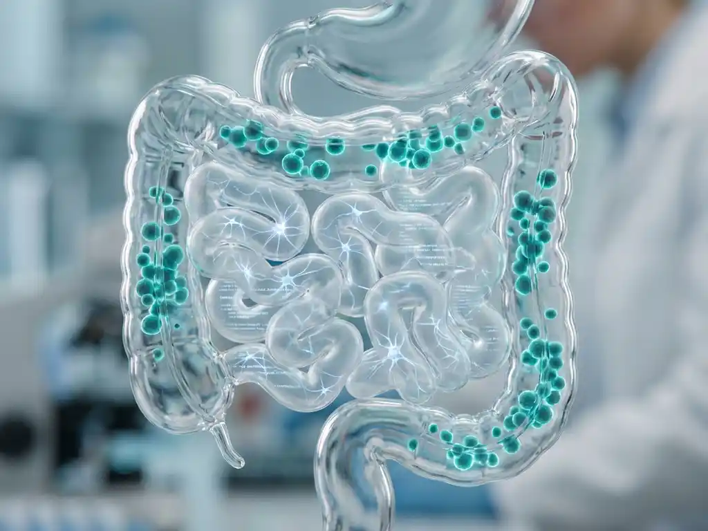 Glass model of human digestive system with glowing teal bacterial colonies and neural network patterns in laboratory setting.