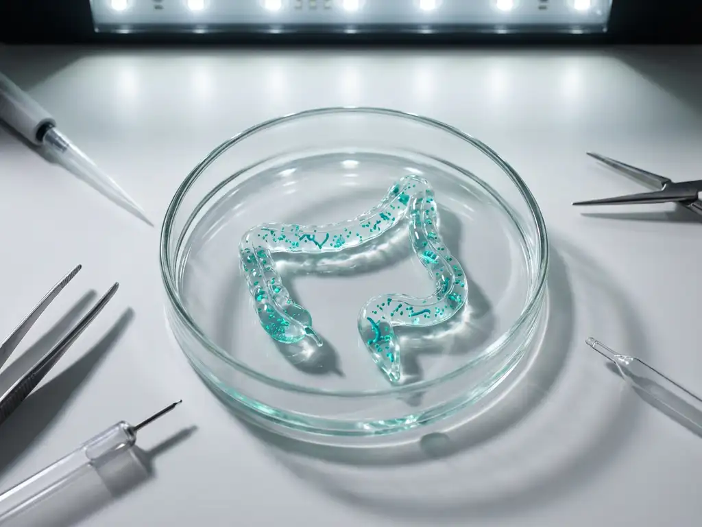 Laboratory petri dish with glowing translucent intestinal tract model showing microorganisms in teal bioluminescent bacteria