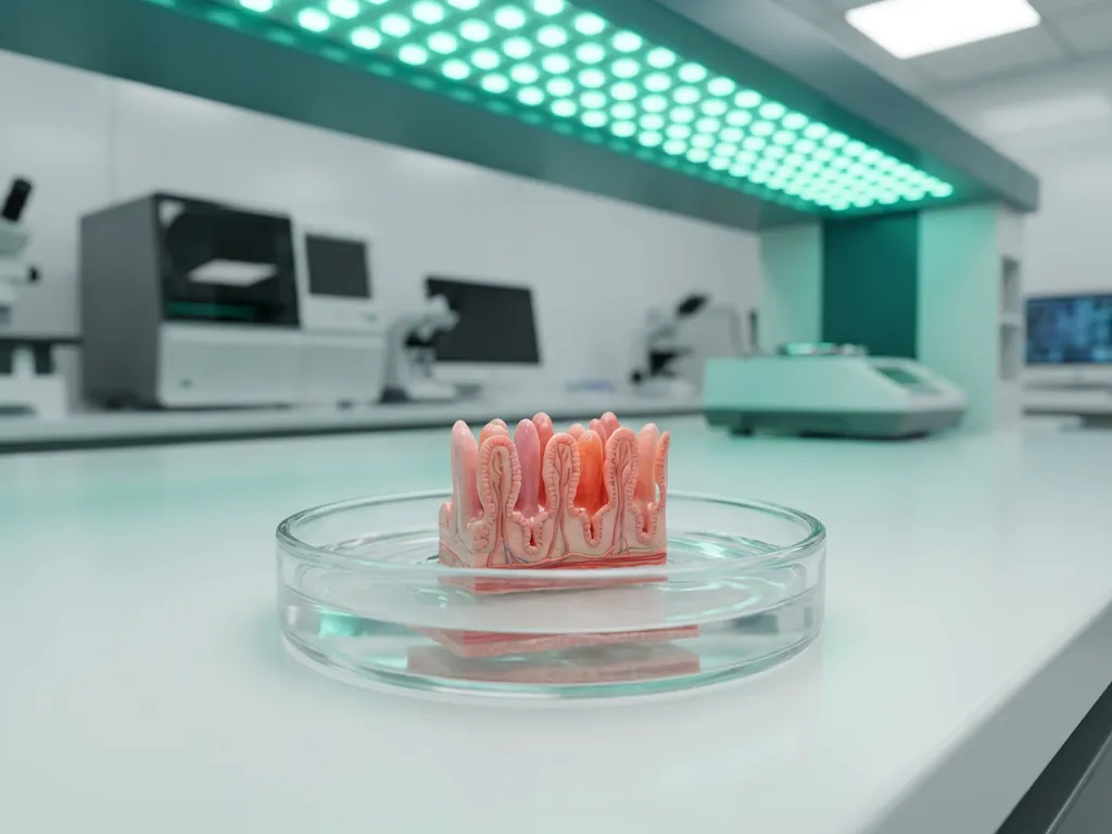 Petri dish containing miniature human intestinal tissue model with pink villi structures in laboratory setting