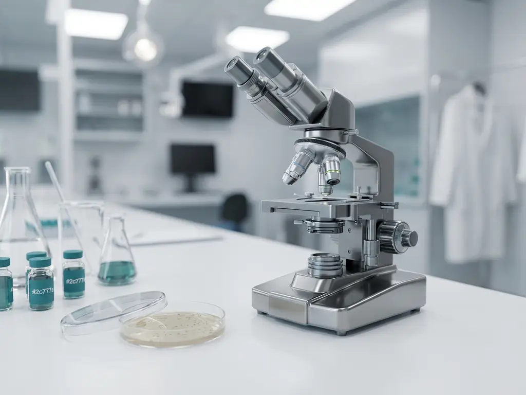 Laboratory microscope with chrome details on white bench, petri dish with bacterial cultures and teal glass beakers nearby.