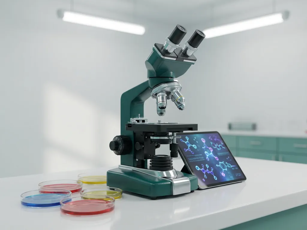 Laboratory microscope with chrome details on white bench, colorful bacterial cultures in petri dishes, digital tablet showing molecular structures nearby.