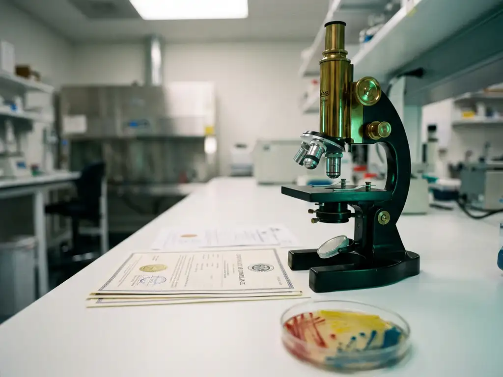 Laboratory microscope on white research bench with regulatory documents underneath and colorful bacterial cultures in petri dish.