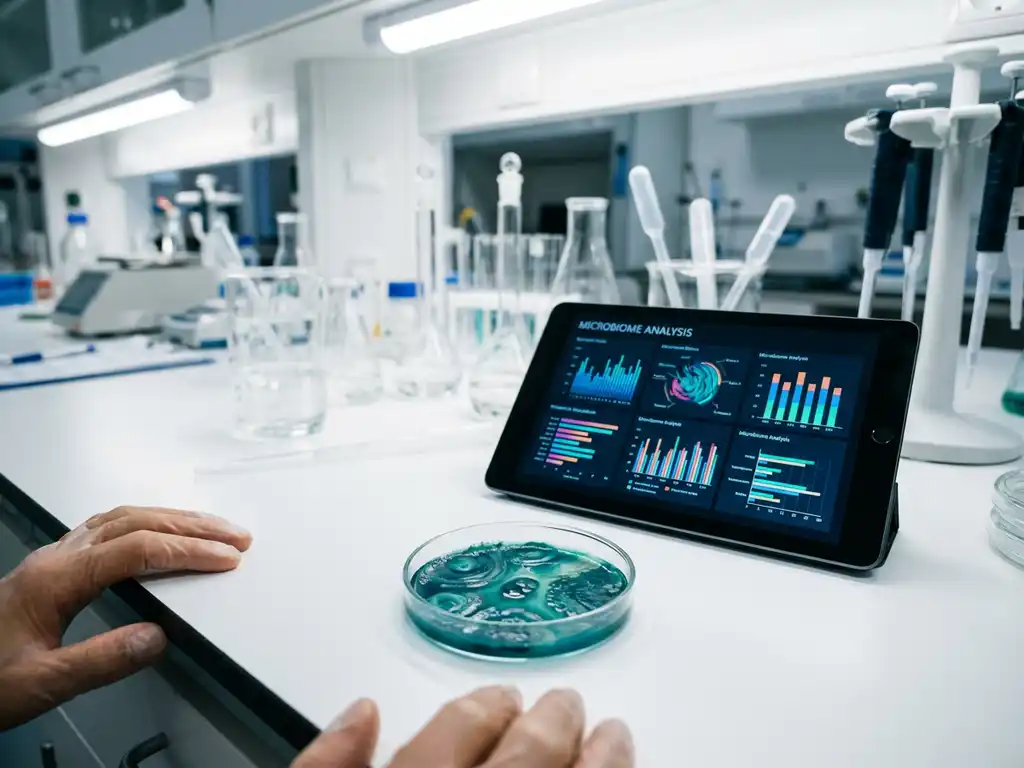 Laboratory petri dish with teal bacterial colonies next to digital tablet showing microbiome data on white lab bench