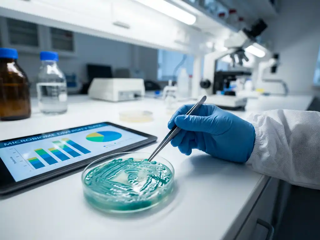 Scientist with tweezers examining teal bacterial cultures in petri dish next to tablet showing microbiome data charts