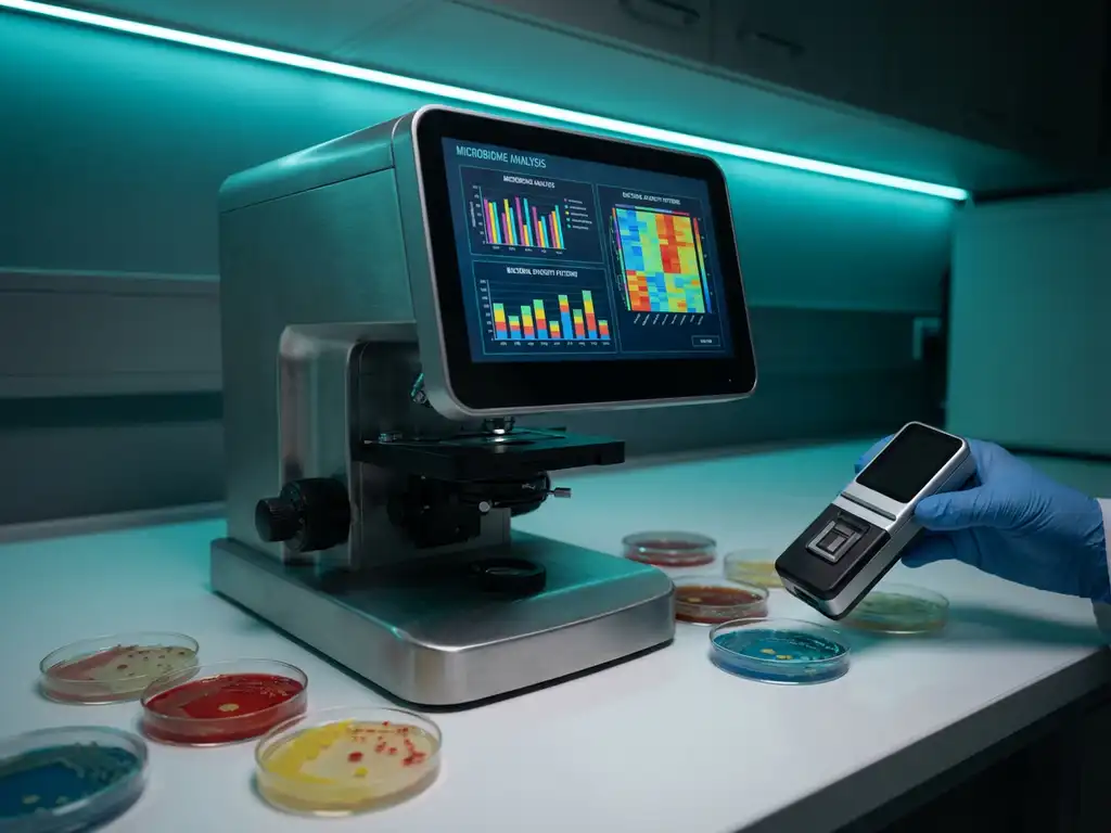Digital microscope displaying colorful microbiome data with scientist holding DNA sequencer over bacterial cultures in lab