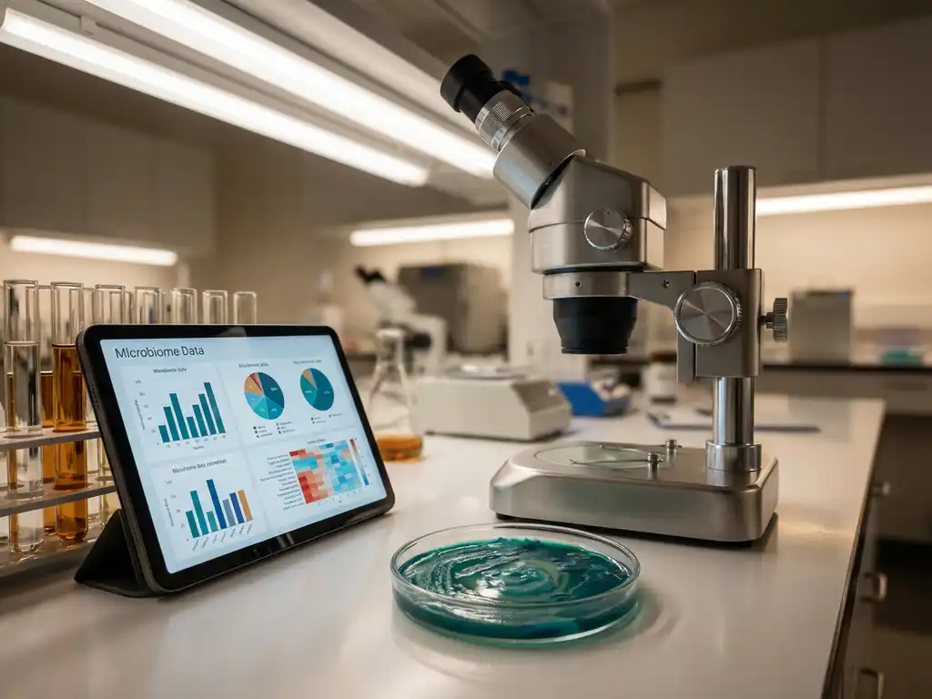 Modern laboratory microscope on white countertop with petri dish containing teal bacterial cultures and digital tablet showing data
