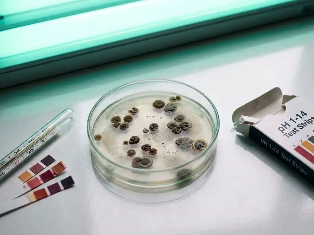 Failed probiotic bacteria cultures in laboratory petri dish with thermometer and pH strips on sterile countertop